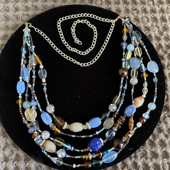 beautiful beaded 5 strand necklace in blues and brown - Picture 1 of 5